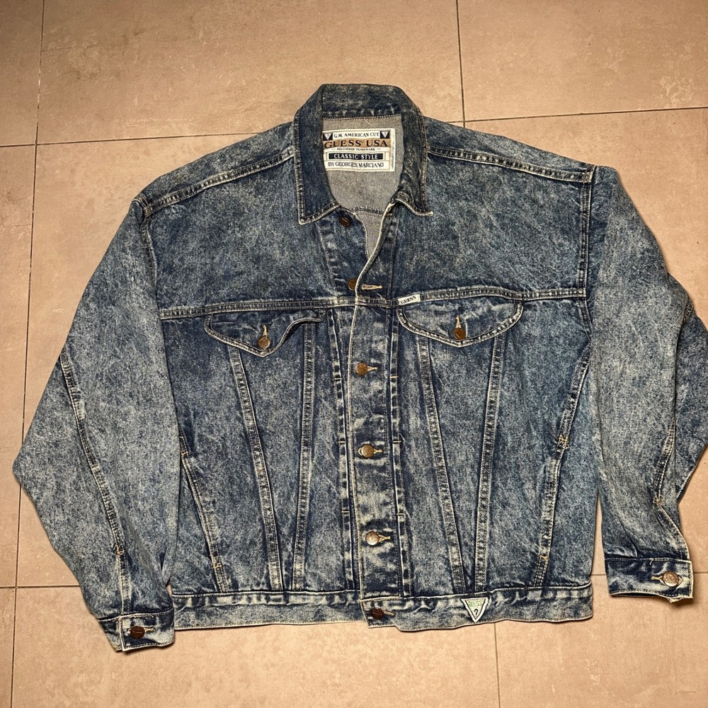 VTG 80s Guess USA Denim Jacket L Georges Marciano Acid Wash Adjustable‎ Waist